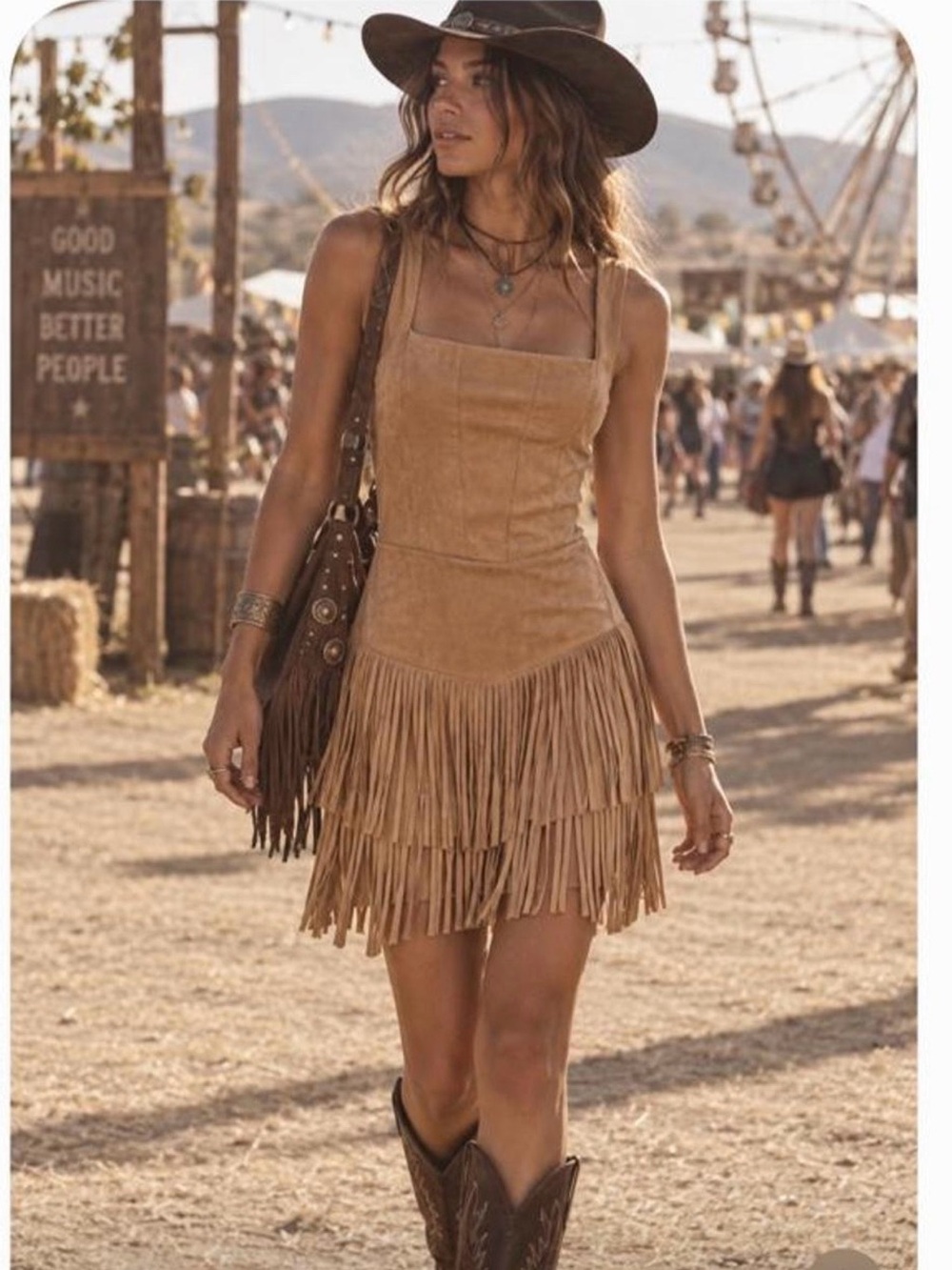 Trixxi Tan Suede Fringe Corset Mini Dress Western Boho Festival Square Neckline
